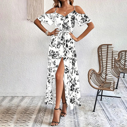 Women’s Floral Maxi Dress — Off-Shoulder A-Line with Split Hem - The Dock Drop