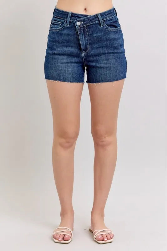 Judy Blue High Waist Criss – Cross Waistband Denim Shorts – DK – S