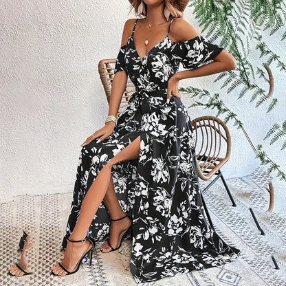 Women’s Floral Maxi Dress — Off-Shoulder A-Line with Split Hem - The Dock Drop
