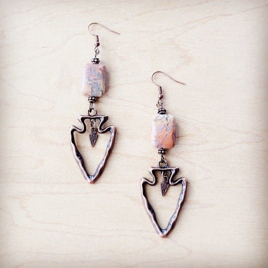 Copper Arrow Earrings w/ Genuine Aqua Terra Beads