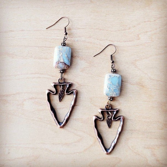 Copper Arrow Earrings w/ Genuine Aqua Terra Beads