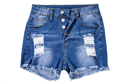 Women’s & Teens Distressed Denim Shorts — Mid-Rise with Button Fly - The Dock Drop
