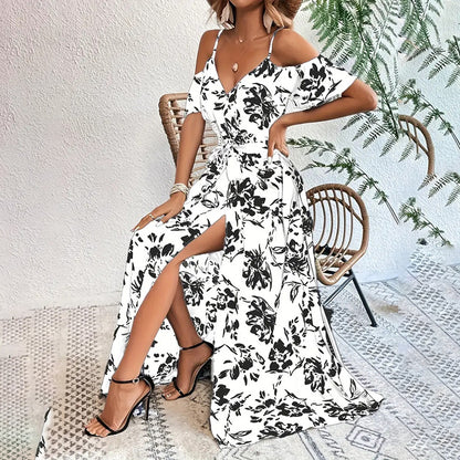 Women’s Floral Maxi Dress — Off-Shoulder A-Line with Split Hem - The Dock Drop