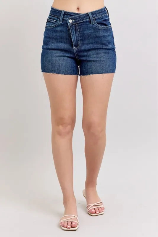 Judy Blue High Waist Criss – Cross Waistband Denim Shorts – DK – M