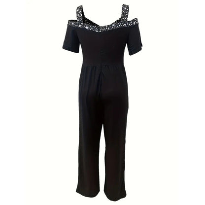 Women’s Plus Size Wide-Leg Jumpsuit – V-Neck with Rhinestone Detail - The Dock Drop
