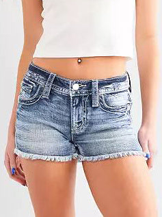 omen’s & Teens Distressed Denim Shorts — Mid-Rise, Button Fly, Frayed Hem - The Dock Drop