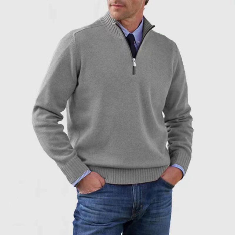Men's Stand Collar Zipper Sweater Winter Fashion Solid Color Long Sleeve Knitted Top Clothing - The Dock Drop