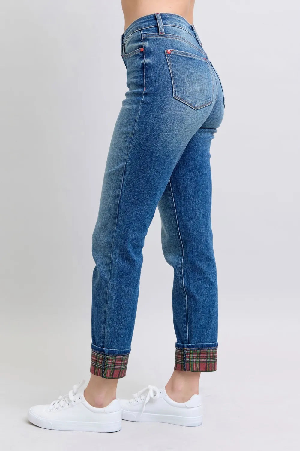 Judy Blue Full Size Plaid Print Cuff Straight Leg Jeans with Pockets – Medium – 5(27)