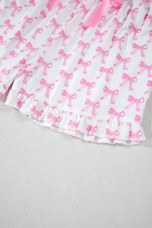 Pink Short Sleeve and Ruffled Shorts Pajama Set