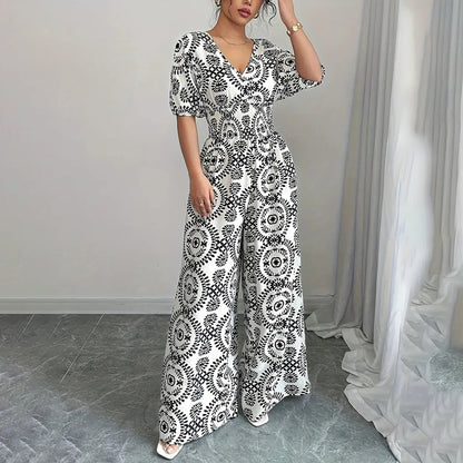 Women’s Wide-Leg Jumpsuit — V-Neck Wrap Style with Short Sleeves - The Dock Drop