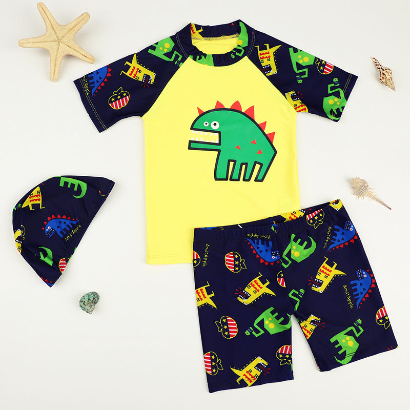 Boys’ 3-Piece Dinosaur Swim Set – Rash Guard, Trunks & Swim Cap