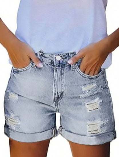 Women’s & Teens Mid-High Rise Distressed Denim Shorts — Stretch Fit, Rolled Hem - The Dock Drop