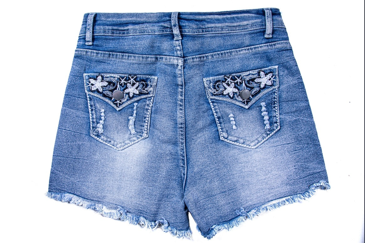 omen’s & Teens Distressed Denim Shorts — Mid-Rise, Button Fly, Frayed Hem - The Dock Drop
