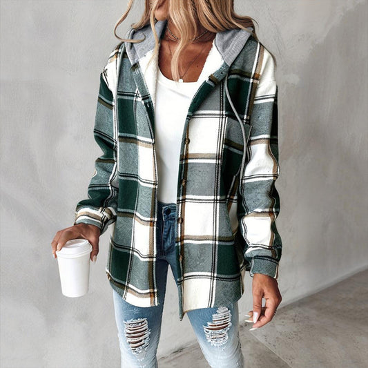 Coastal Plaid Drawstring Hoodie Shirt