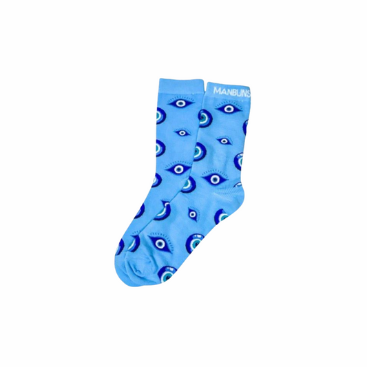 Blue sock with eye pattern on a white background