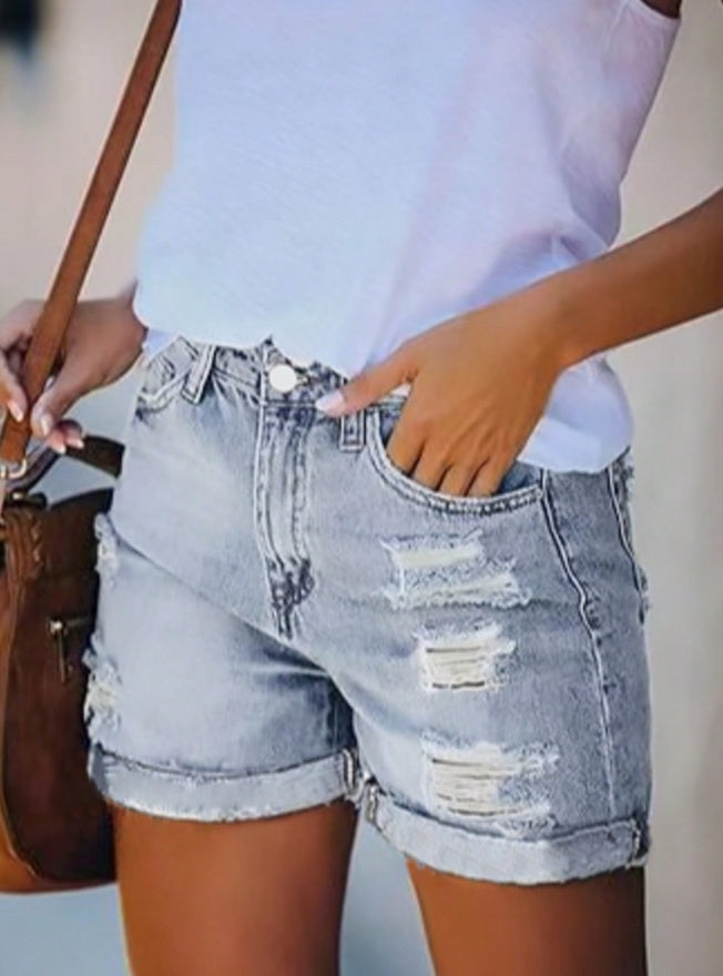 Women’s & Teens Mid-High Rise Distressed Denim Shorts — Stretch Fit, Rolled Hem - The Dock Drop