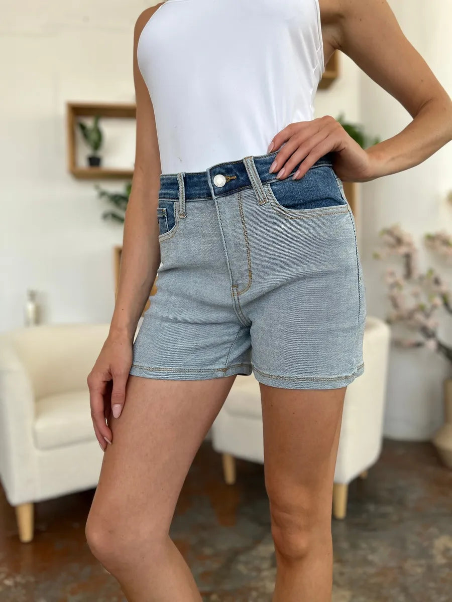 Judy Blue Full Size Color Block Denim Shorts – Lt/md – L