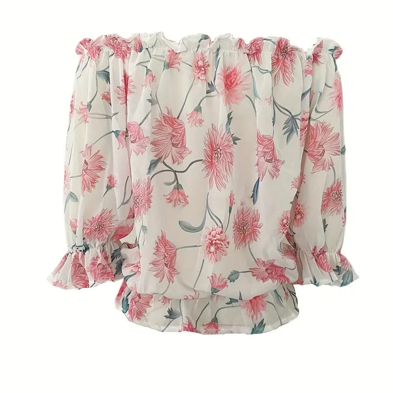 Women’s Floral Off-Shoulder Blouse — Ruffle Sleeve Chiffon Top - The Dock Drop