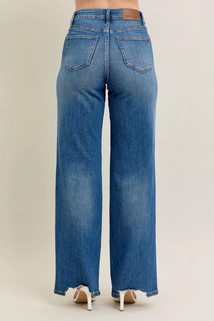 Judy Blue Full Size High Waist Tummy Control Chew Hem Destroy Wide Jeans Plus Size
