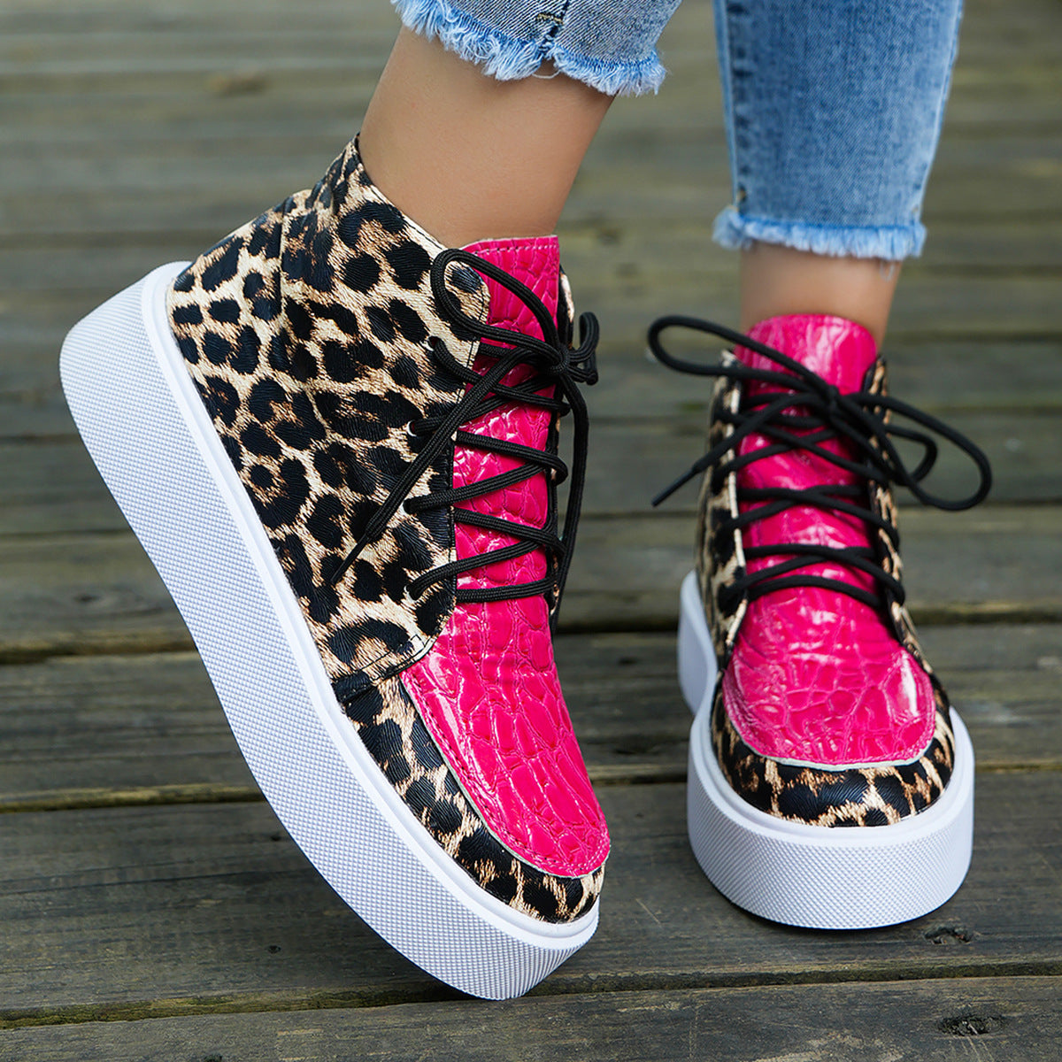 PU Leather Leopard Platform Sneakers – Hot Pink – 41(US10)