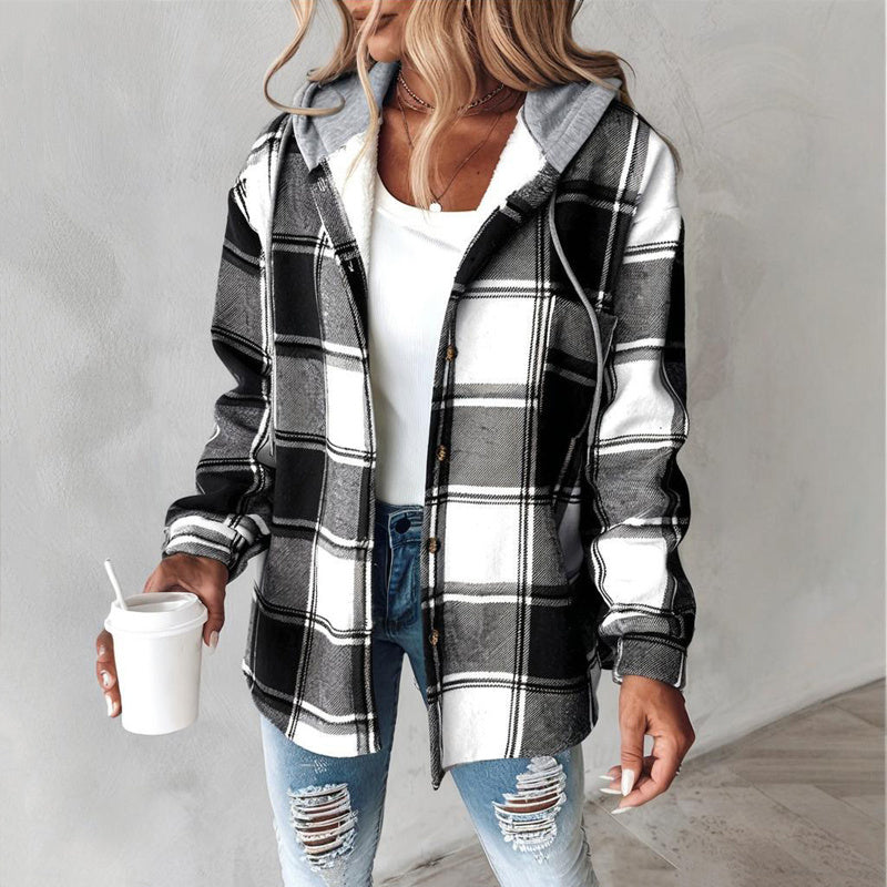 Coastal Plaid Drawstring Hoodie Shirt