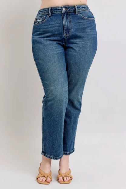 Judy Blue Full Size High Waisted Rigid Magic Non – Destroy Straight Leg Jeans Plus Size – Dark – 9/29