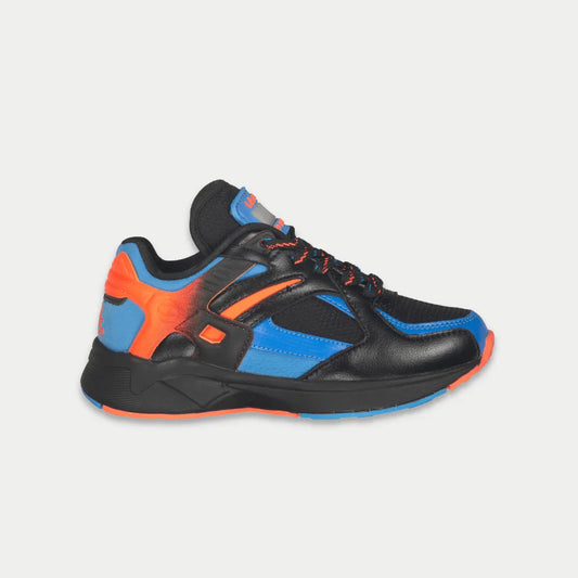 Black, blue, and orange athletic shoe on a light gray background