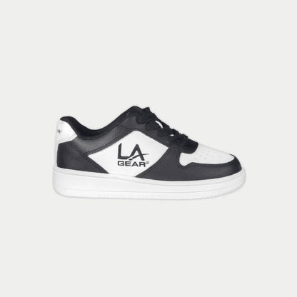 Black and white sneaker with 'LA Gear' logo on a light gray background