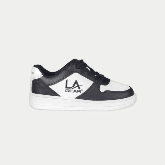 Black and white sneaker with 'LA Gear' logo on a light gray background