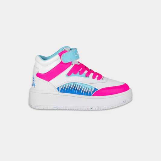 White sneaker with pink and blue accents on a light gray background