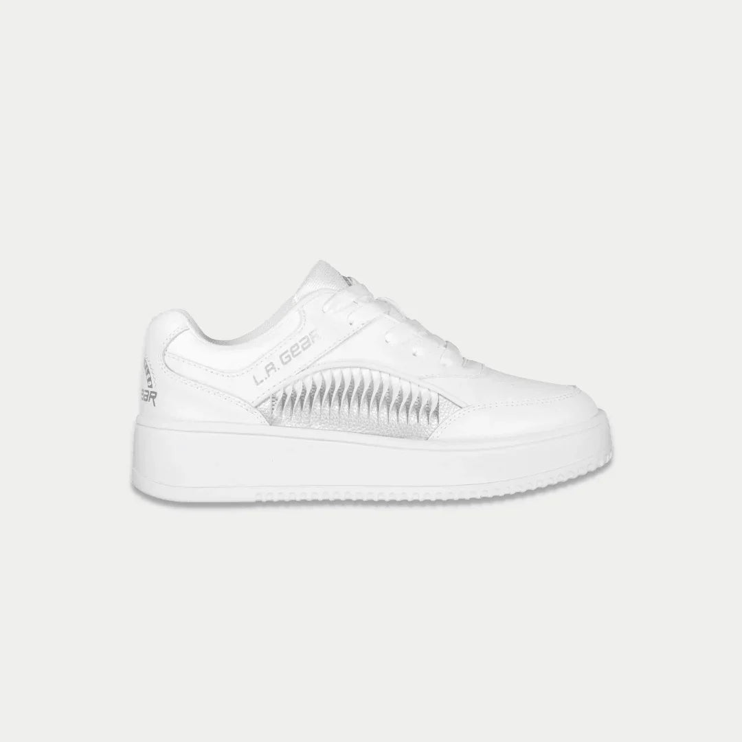 White sneaker with brand logo on a light gray background