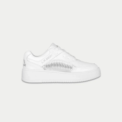 White sneaker with brand logo on a light gray background