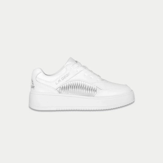 White sneaker with brand logo on a light gray background