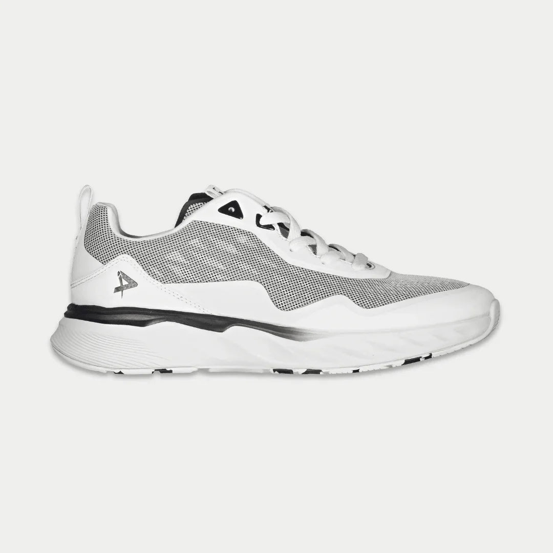 White and gray athletic shoe on a light gray background
