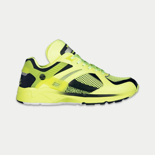 Neon yellow running shoe with black accents on a light gray background