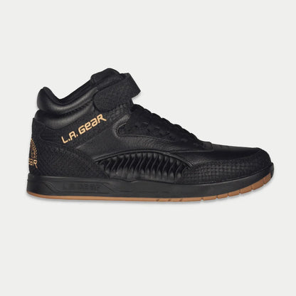 Black high-top sneaker with 'L.A. Gear' branding on a light gray background