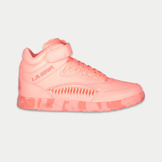 Pink high-top sneaker with 'L.A. Gear' branding on a light gray background