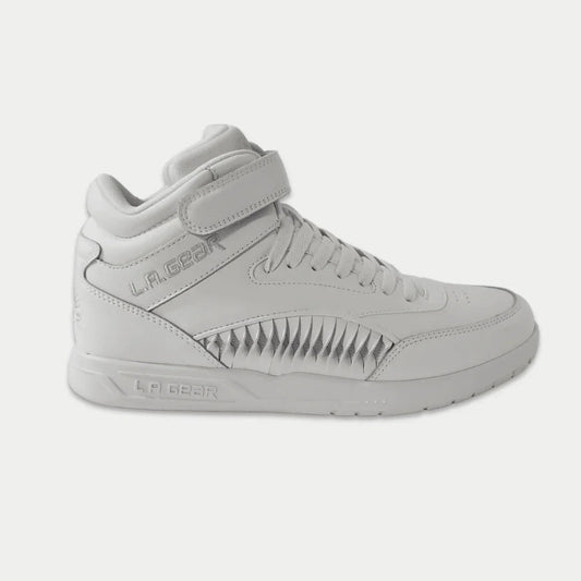 Gray high-top sneaker with brand logo on a light gray background