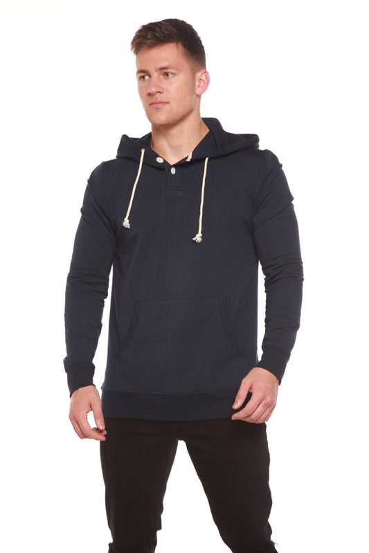 Man wearing a navy blue hoodie with a white background