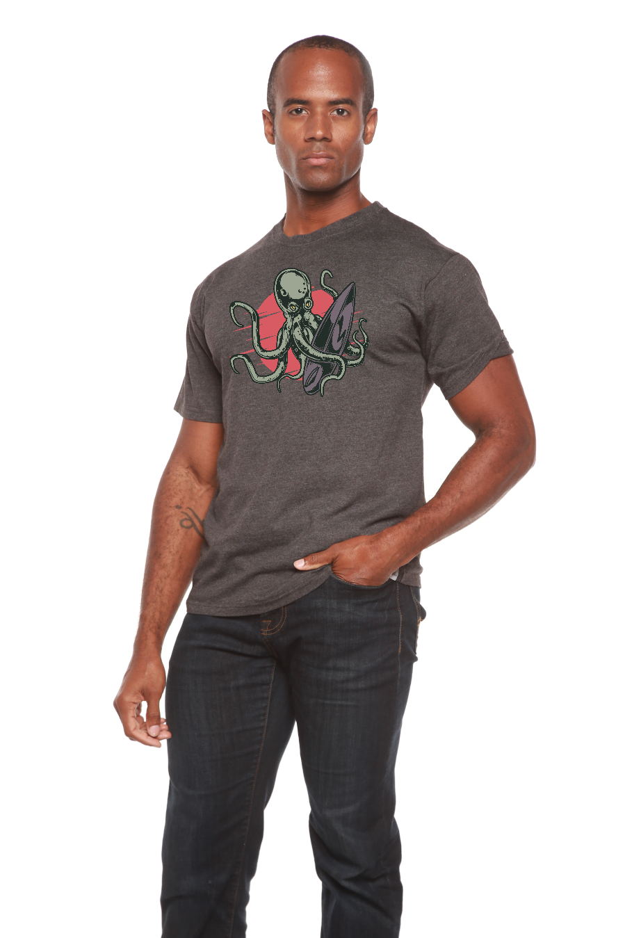 Man wearing a dark gray t-shirt with a graphic design on a white background