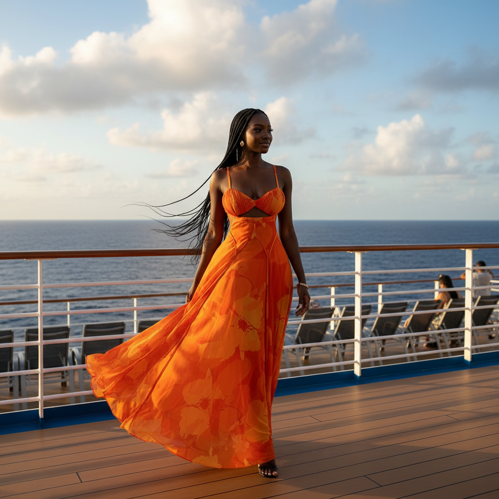 Woman in an orange dress standing on a cruise ship deck with ocean view