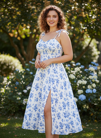 Woman wearing a blue floral dress standing in a garden