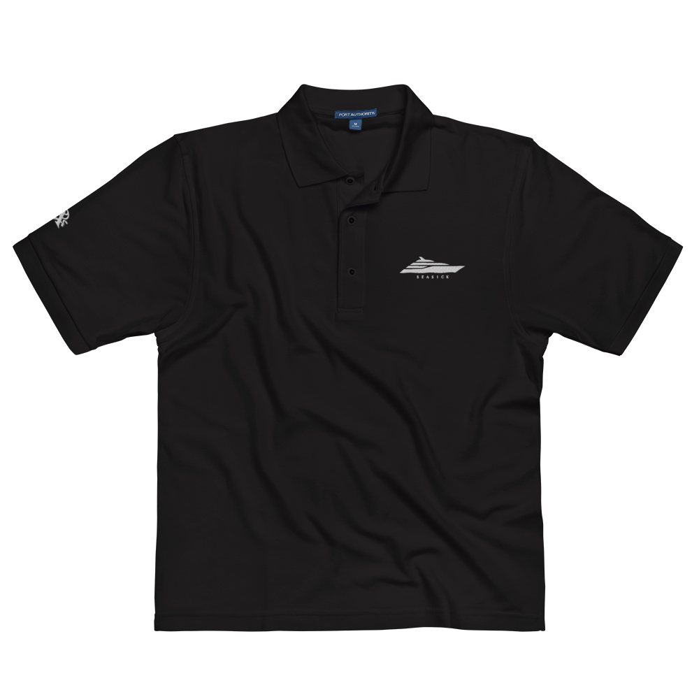 Black polo shirt with a logo on a white background