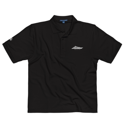 Black polo shirt with a logo on a white background