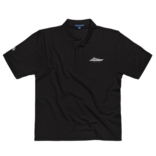 Black polo shirt with a logo on a white background
