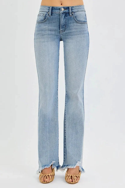 RISEN Full Size Tummy Control Mid Rise Flare Jeans with Fray Hem Detailed Plus Size