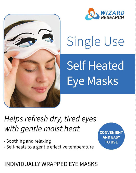 Advertisement for Wizard Research single use self-heated eye masks with a woman wearing one.