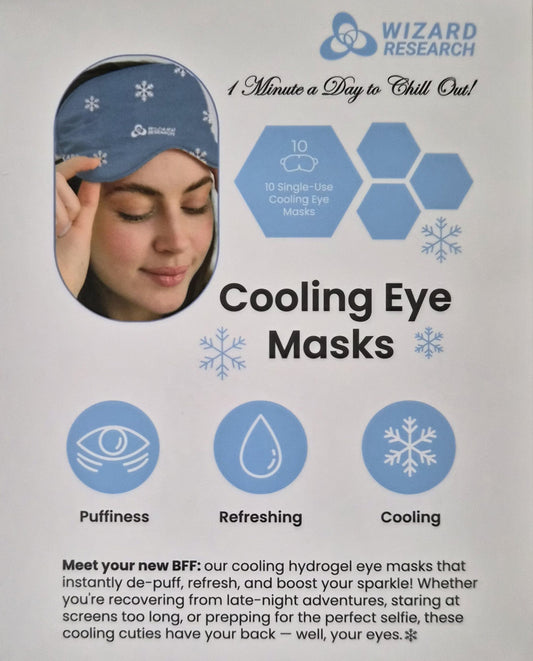 Promotional graphic for Wizard Research cooling eye masks with a woman wearing a blue mask.