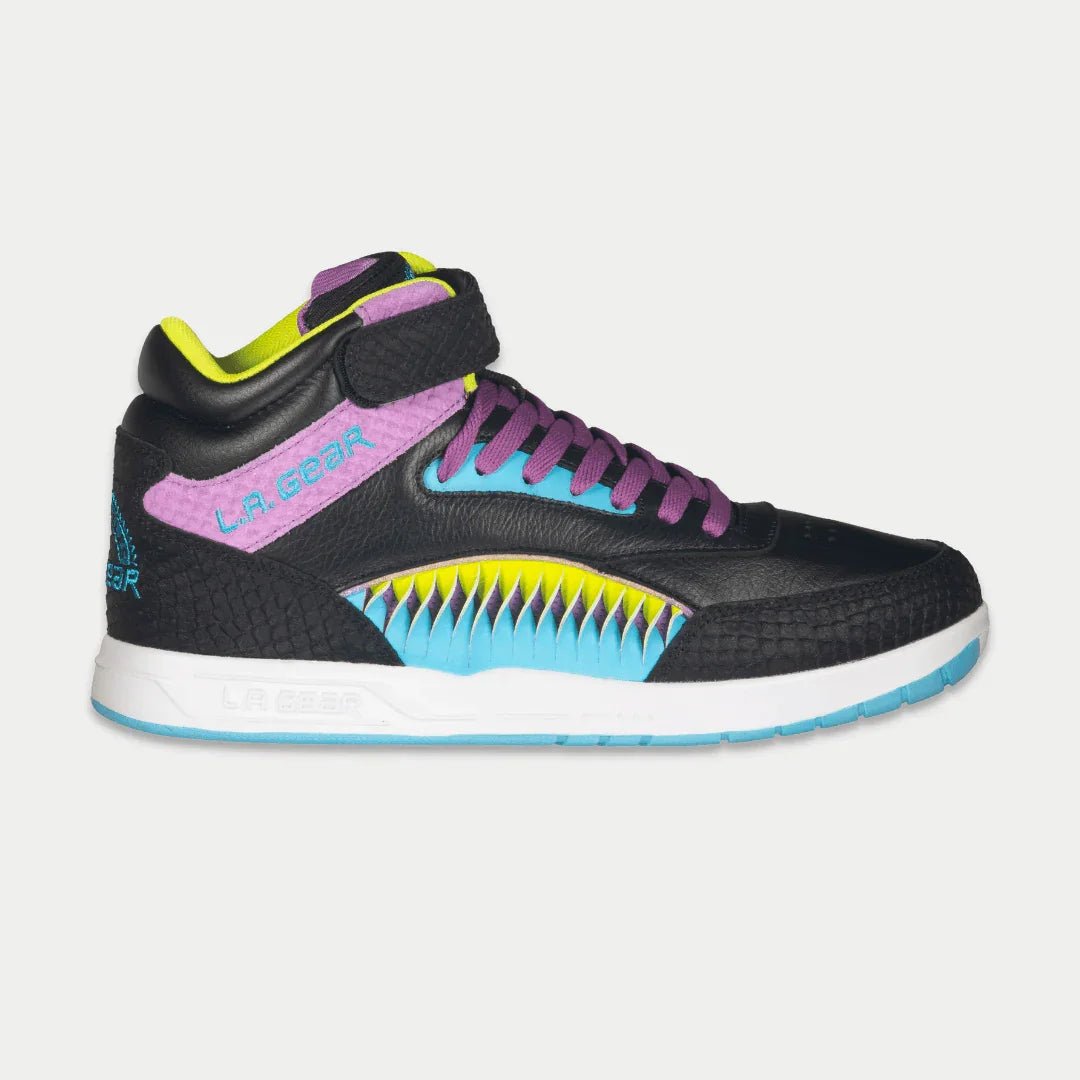 Black sneaker with colorful accents on a light gray background