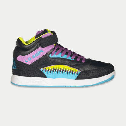 Black sneaker with colorful accents on a light gray background
